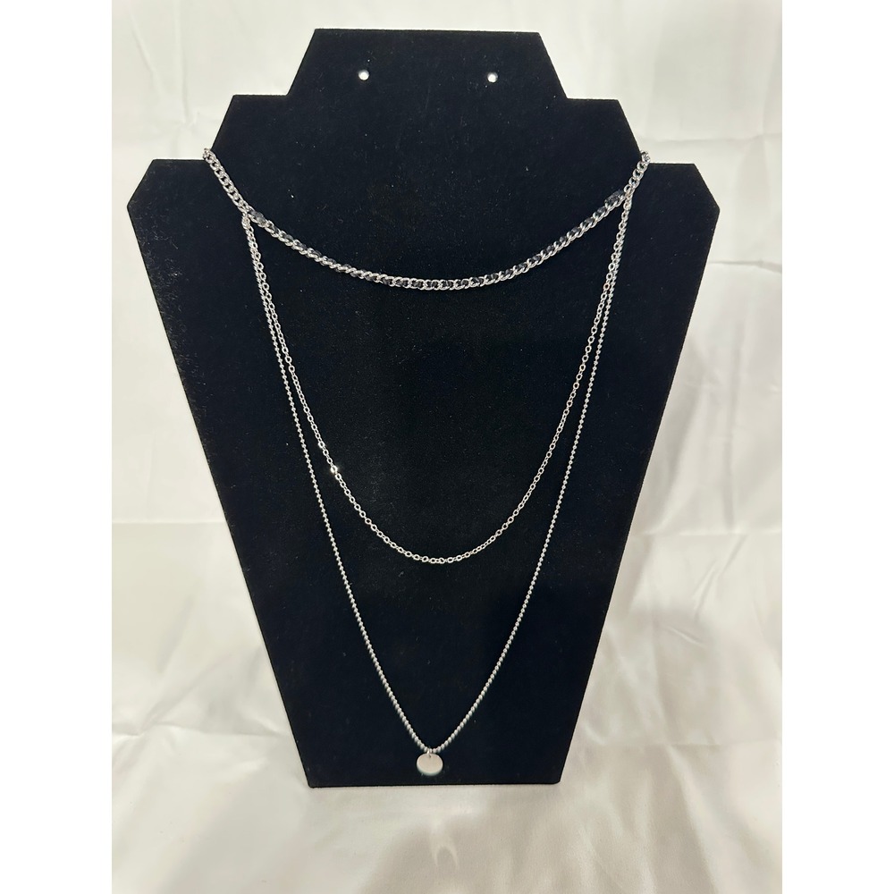 Carisma Silver Tone 3 Layered Necklace Black Ribbon Curb Ball‎ Chain NY7035 RBK